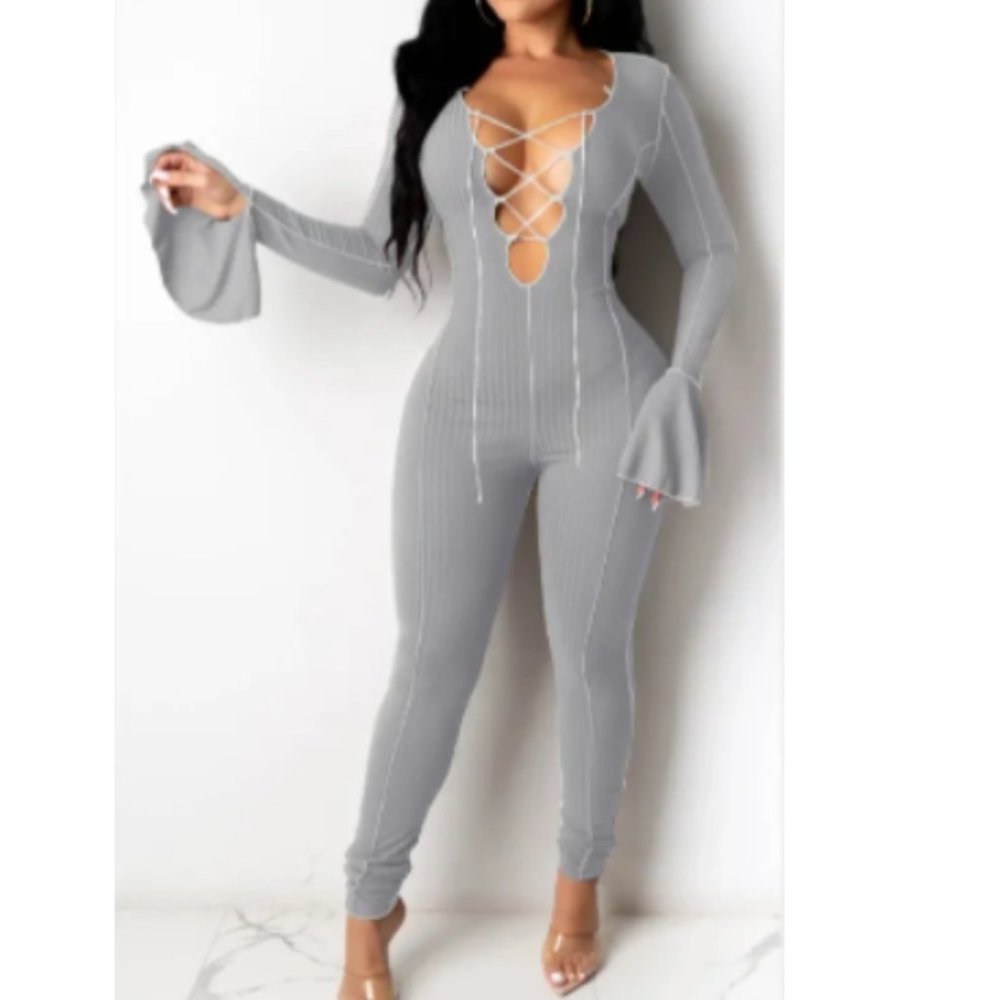 NWT Gray Long Sleeves Lace Up Neckline Bodycon On Read Jumpsuit